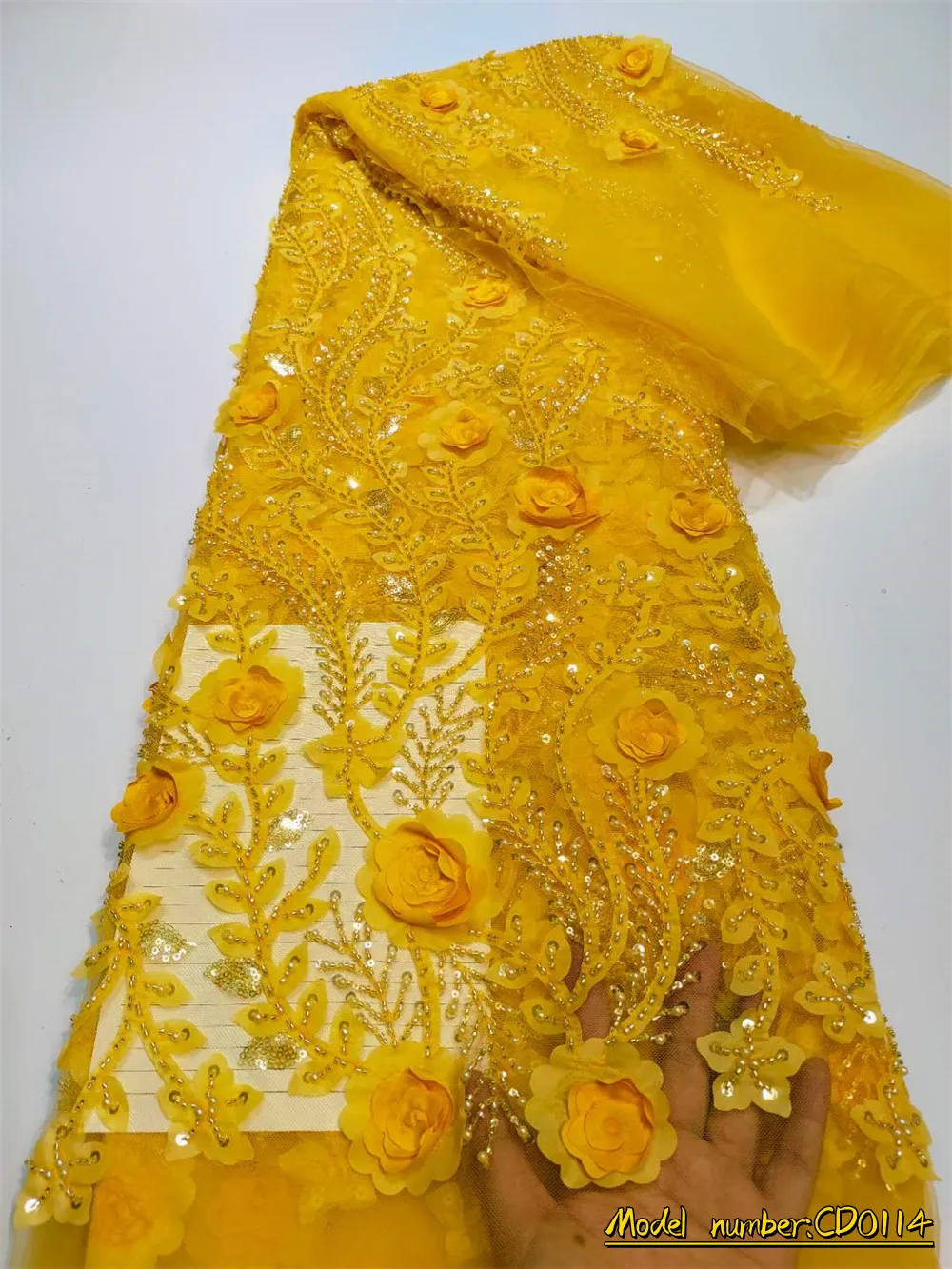 Желтые Бусины ручной работы, Тюлевое Кружево, 3D Кружевная ткань с цветами, Африканский Кружевной материал, Сшитое Свадебное платье, Нигерийское Кружево высокого качества, 5 ярдов